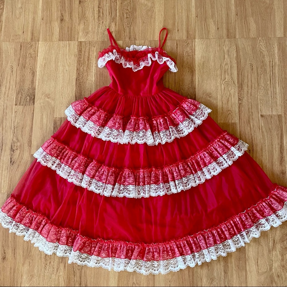SOLD Vintage Handmade Red and White Lace Ruffle Tiered Maxi Dress